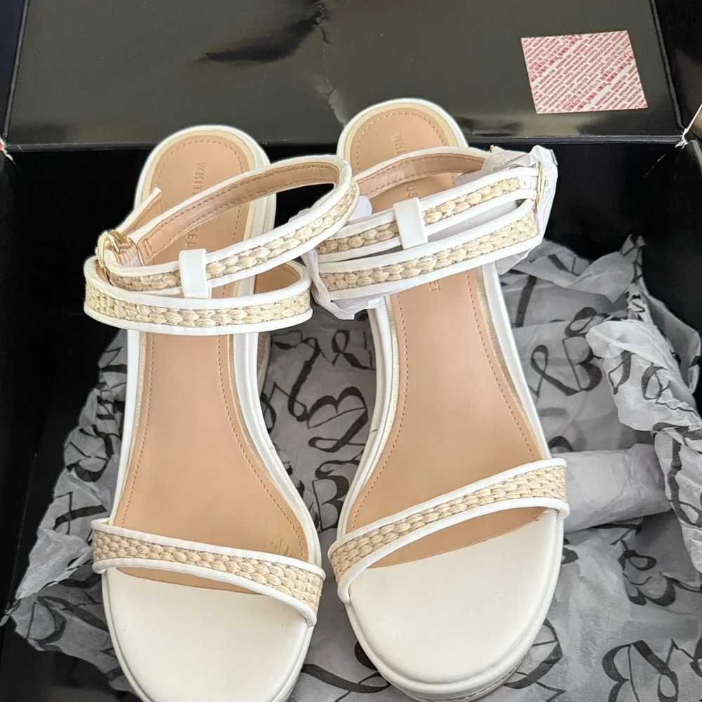 White House Black Market Woven Wedge Sandals - Cream and Tan